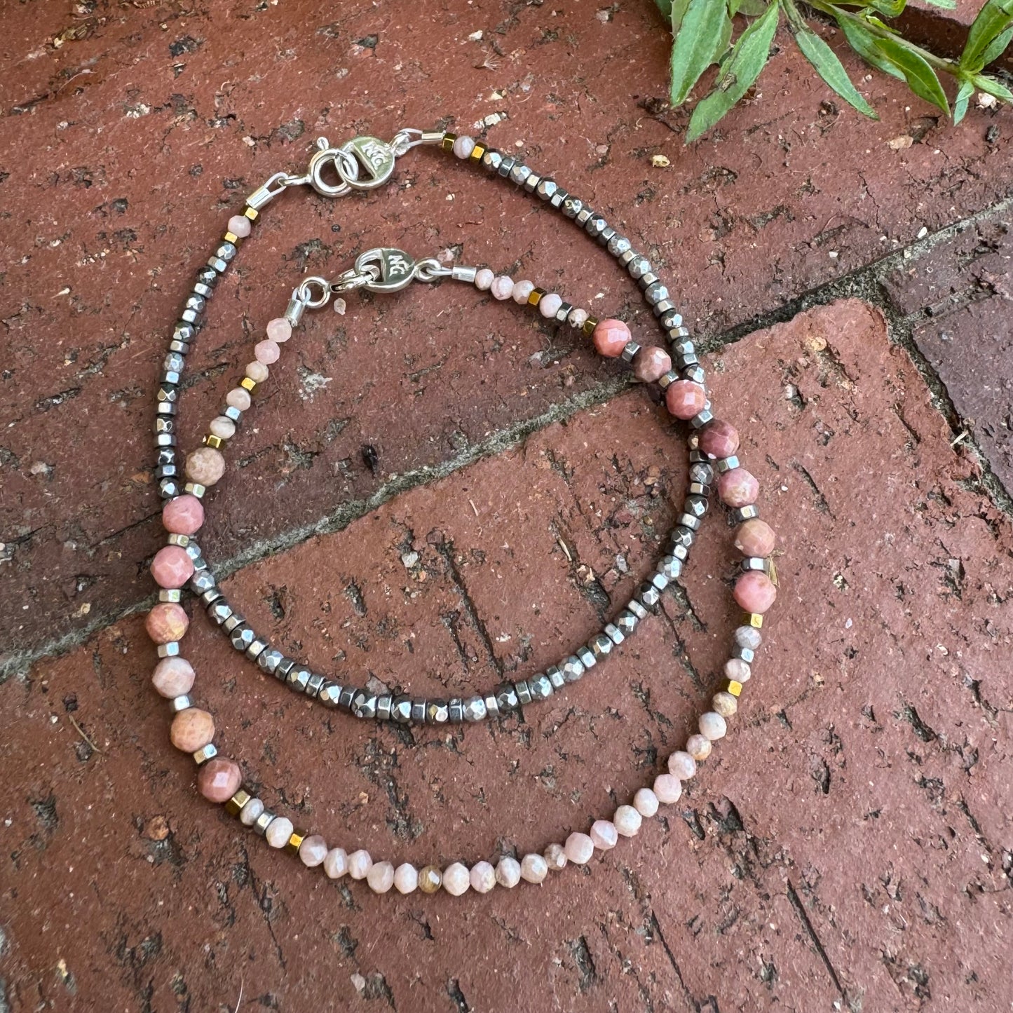 Silverton bracelet set featuring handcrafted Rodochrosite and Hematite gemstone beaded bracelets inspired by Colorado mining history