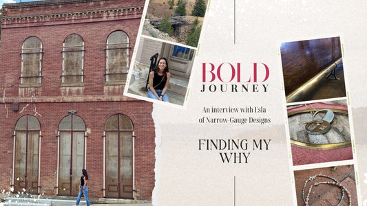 Collage with text “Finding My Why” and photos of Esla Andrew, handmade jewelry, and historic travel scenes.