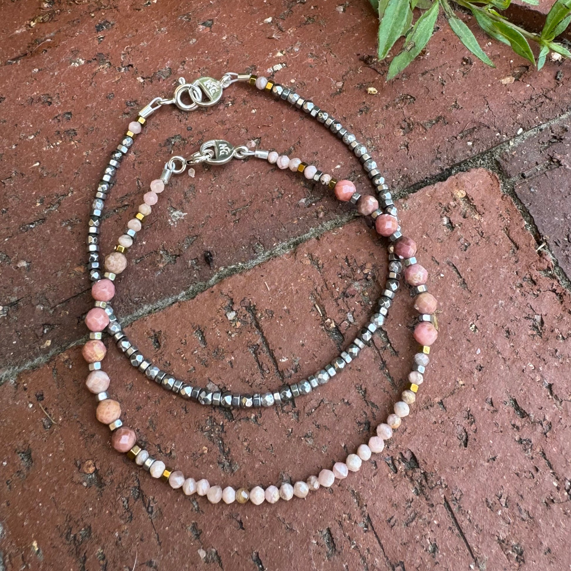 Silverton bracelet set featuring handcrafted Rodochrosite and Hematite gemstone beaded bracelets inspired by Colorado mining history
