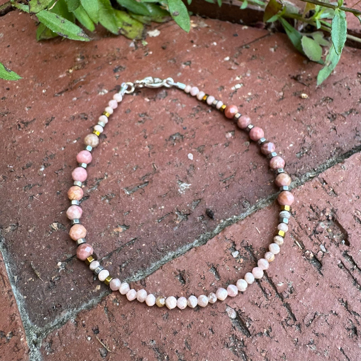Handcrafted Rodochrosite gemstone beaded bracelet with Hematite accents inspired by Silverton Colorado mining heritage