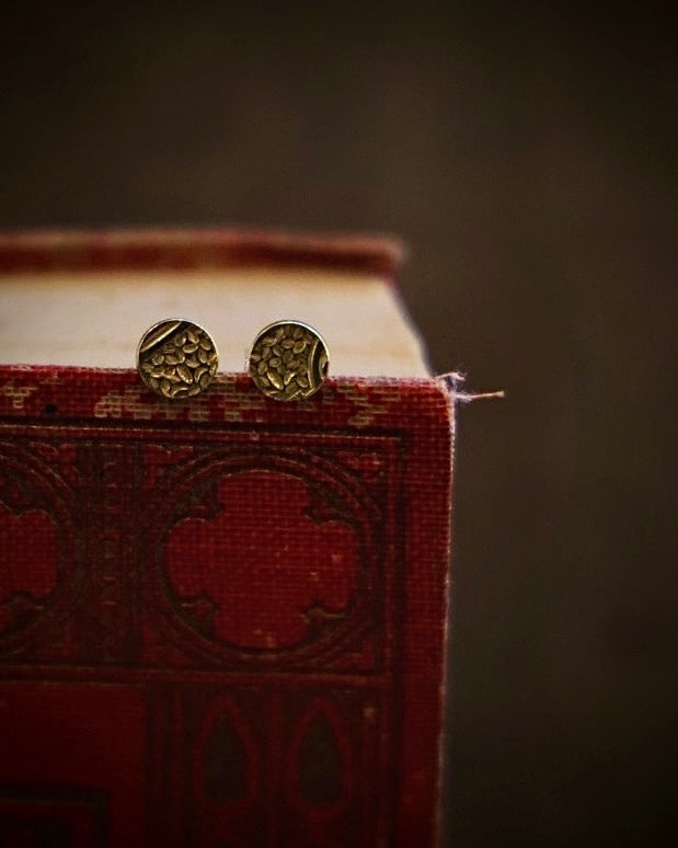 Victorian inspired brass stud earrings nestled on a red canvas book