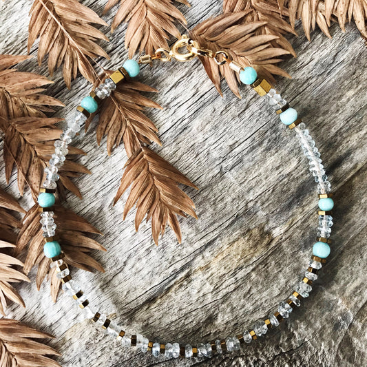 Aquamarine, Apatite, and Hematite Beaded Gemstone Bracelet | Narrow-Gauge Designs