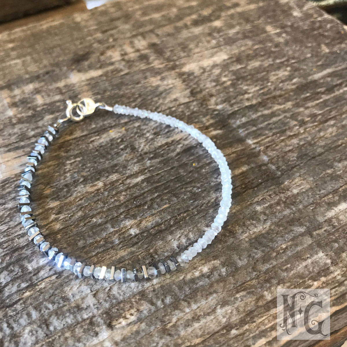Moonstone and Hematite Sterling Silver Beaded Bracelet | Narrow-Gauge Designs