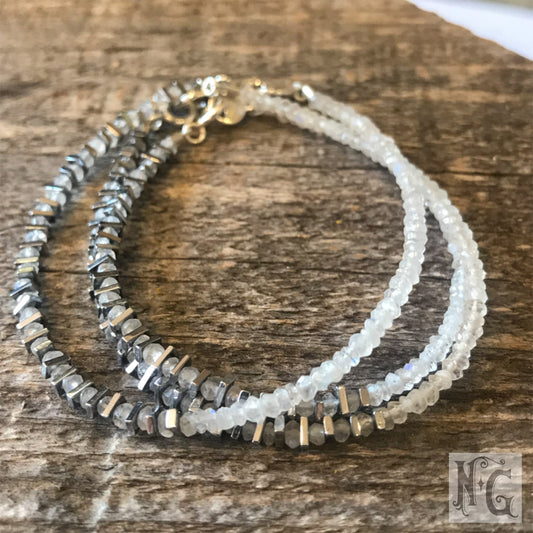 Moonstone and Hematite Sterling Silver Beaded Bracelet | Narrow-Gauge Designs