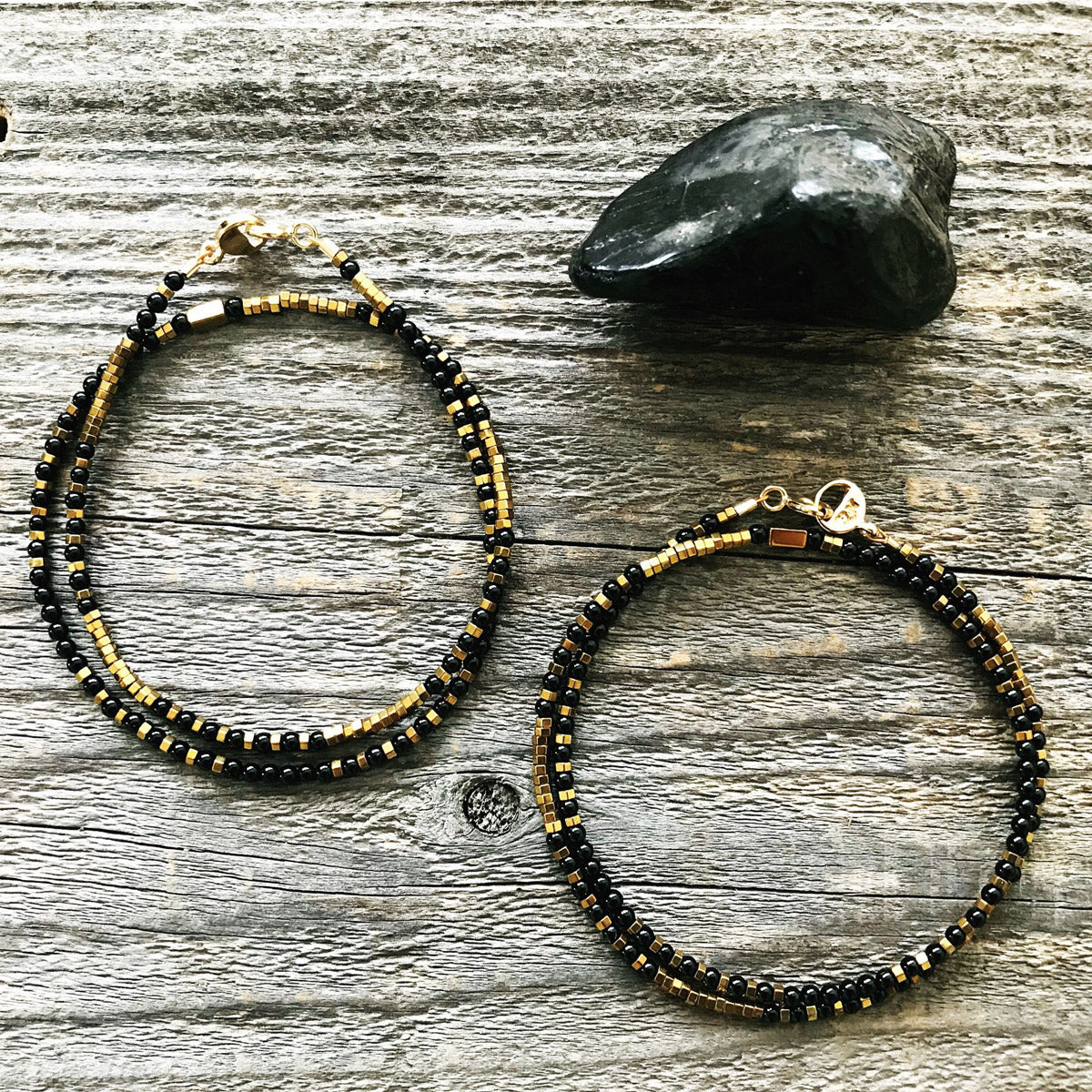 Onyx, Hematite, Gemstone Beaded Wrap Bracelets for Women, "Black Hawk" | Narrow-Gauge Designs