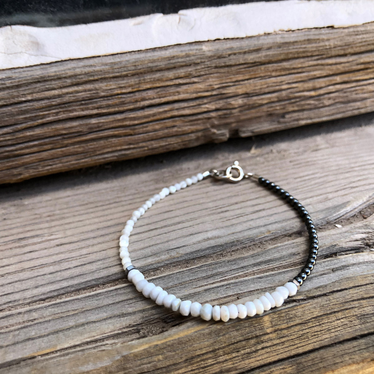 Blue Opal, Mother of Pearl, Hematite Beaded Gemstone Bracelet | Narrow-Gauge Designs