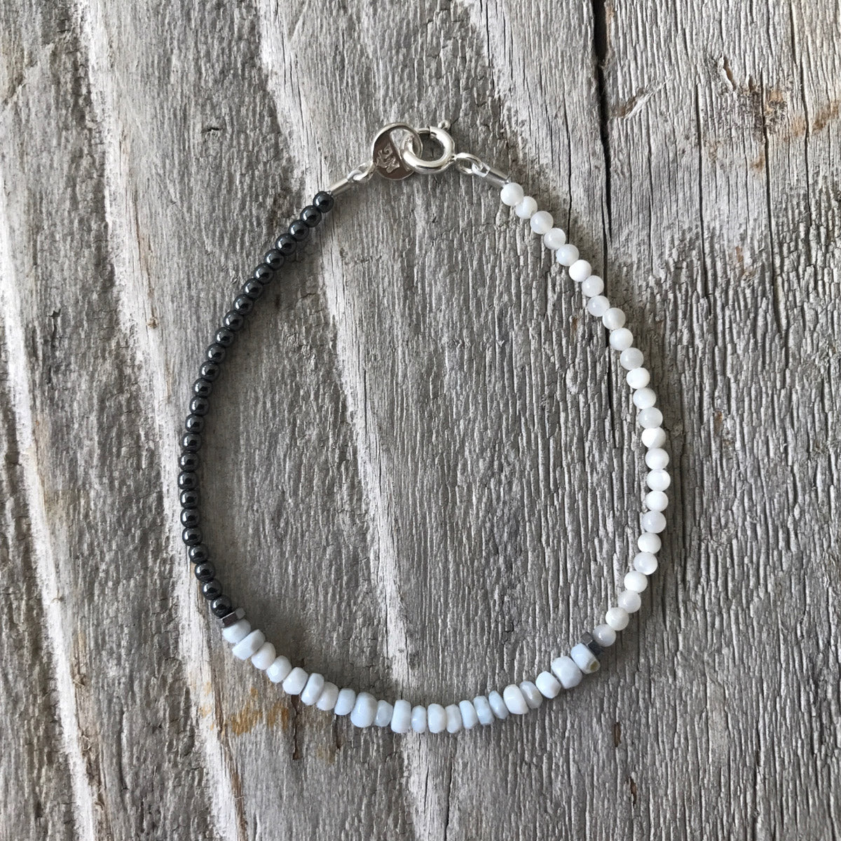 Blue Opal, Mother of Pearl, Hematite Beaded Gemstone Bracelet | Narrow-Gauge Designs