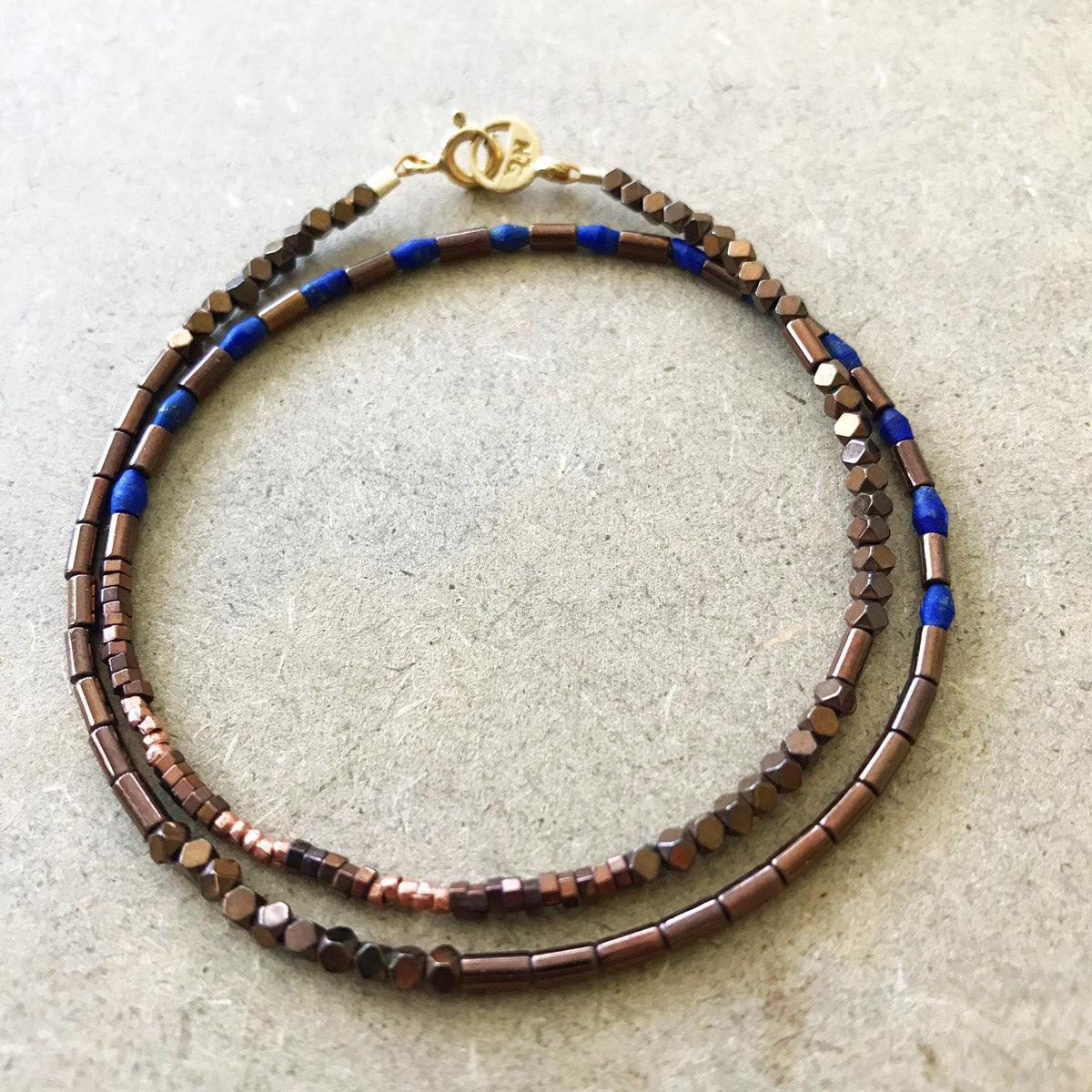 Copper, Lapis, Hematite, Handmade Beaded Wrap Bracelet "Fiddletown" | Narrow-Gauge Designs