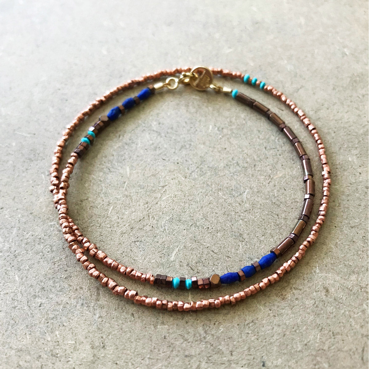 Hematite, Copper, Lapis, Turquoise, Handmade Beaded Wrap Bracelet "Fiddletown" | Narrow-Gauge Designs