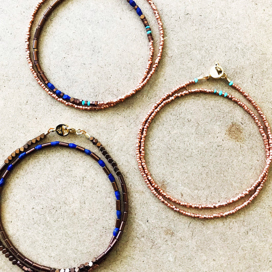 Copper, Lapis,  Turquoise, Hematite Beaded Gemstone Wrap Bracelets, "Fiddletown"  | Narrow-Gauge Designs