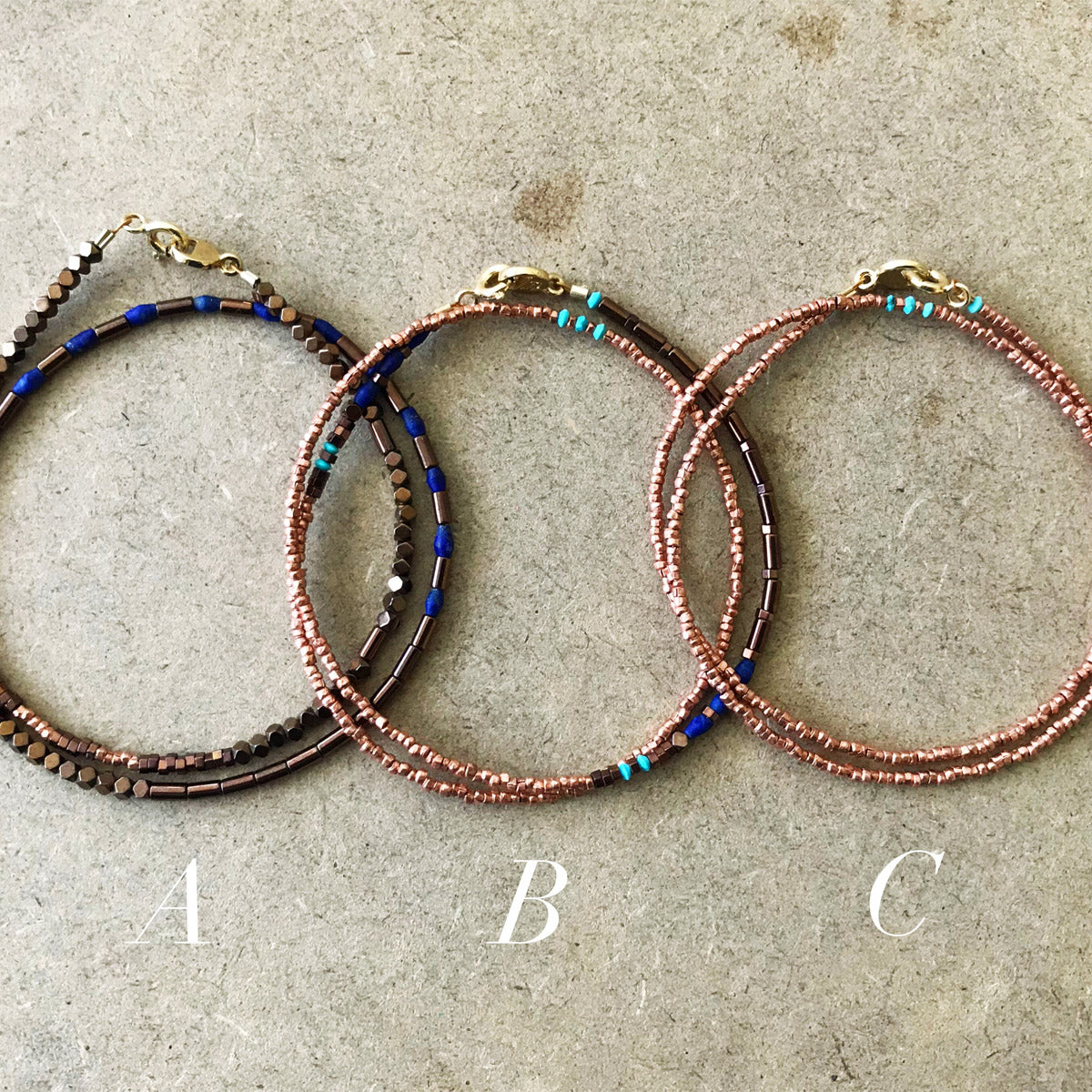 Copper, Lapis, Turquoise, Hematite Beaded Gemstone Wrap Bracelets, "Fiddletown" | Narrow-Gauge Designs