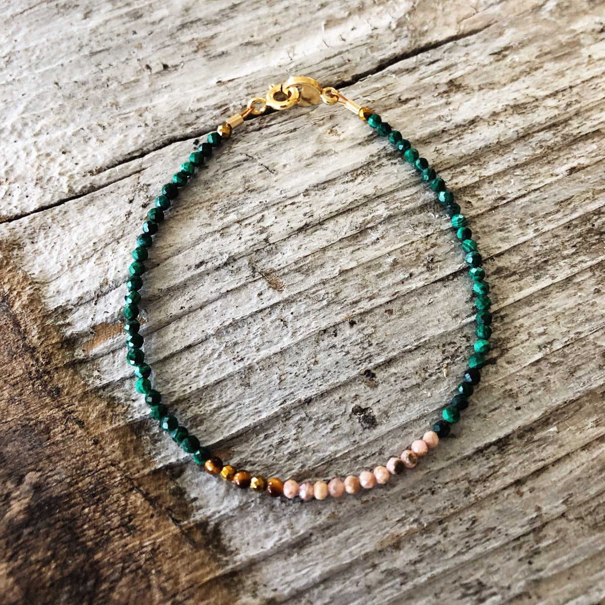 Malachite, Tiger Eye, Rodochrosite, Handmade Gemstone Beaded Bracelet "Julian" | Narrow-Gauge Designs