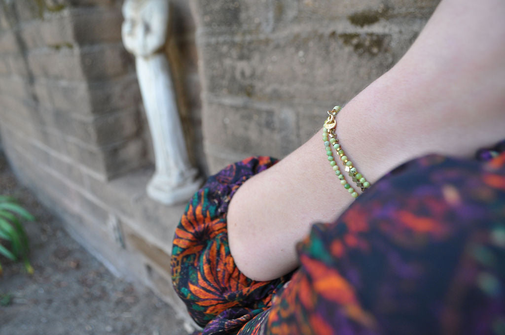 Jade, Hematite, Gemstone Beaded Wrap Bracelet "Miners Delight" | Narrow-Gauge Designs