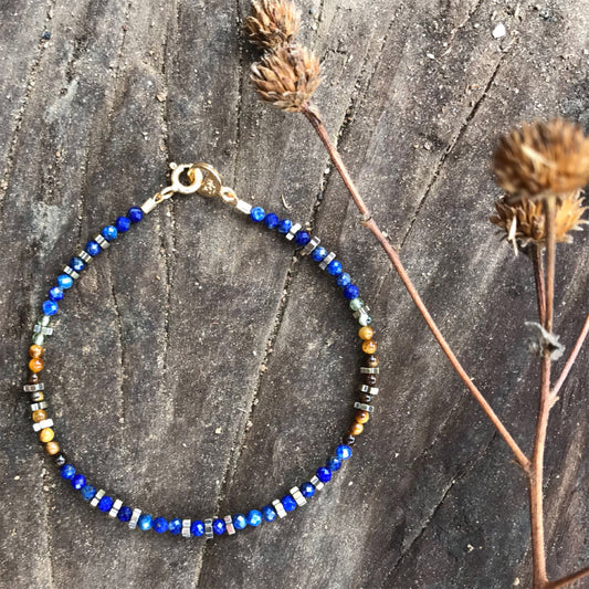 Blue Lapis, Tiger Eye, Hematite, Peridot, Handmade Gemstone Beaded Bracelet "Piedmont" | Narrow-Gauge Designs