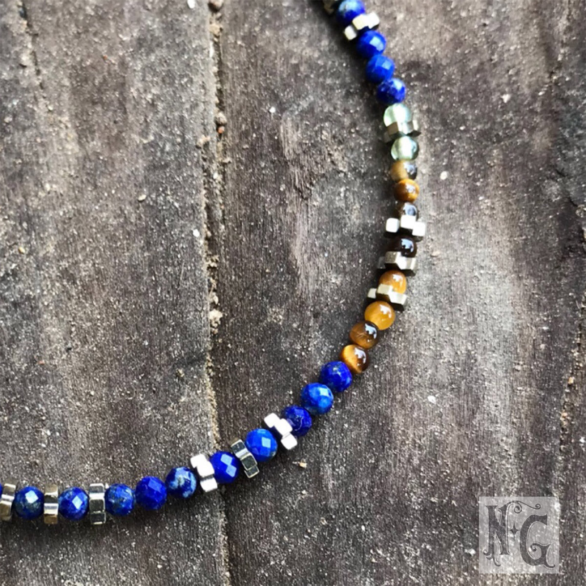Blue Lapis, Tiger Eye, Hematite, Peridot, Handmade Gemstone Beaded Bracelet "Piedmont" | Narrow-Gauge Designs
