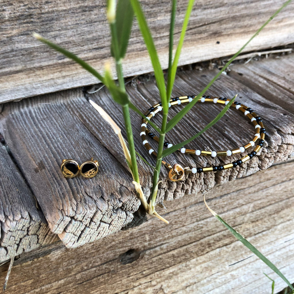 Wrap Bracelet, Stud Earrings, Jade, Onyx, Hematite, Gemstone Jewelry Set 